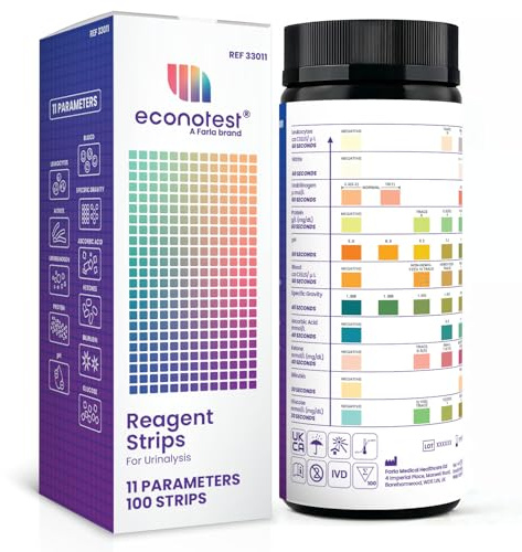 Econotest Reagent 11-in-1 Urine Test Strips 100 Dipsticks - Urine Test Kit with Leucocytes, Blood, Glucose, Nitrite, Ketones, Protein, Bilirubin, pH, Specific Gravity, Urobilinogen, Ascorbic Acid