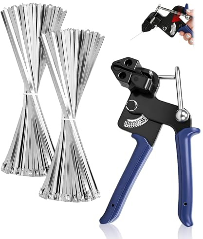 ZUGJOZD 200 Fascette Acciaio Inox con Pinza e Strumento di Serraggio,Fascette Autobloccanti in Acciaio Inossidabile 4,6 x 300 mm per il Fissaggio di Cavi e per Applicazioni Industriali e Agricole