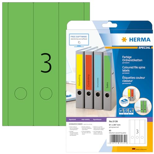 HERMA Self Adhesive Spine Labels, 3 Labels per A4 Sheet, 20 Sheets, 61 x 297 mm, 60 Labels, Blank Lever Arch File Folder Labels Stickers, Sticky Labels for Laser & Inkjet Printer, Green