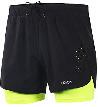 Lixada Pantalones cortos deportivos 2 en 1 para hombre de secado rápido [Transpirables] para correr, fitness, tenis, gimnasio, entrenamiento, jogging, ciclismo con forro más largo Grande Negro + verde