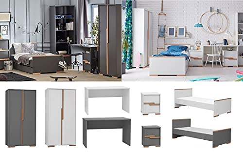 QMM TraumMöbel Jugendzimmerzimmer Kinderzimmer komplett Spring Set A Schrank Bett Schreibtisch weiß grau … (Grau)