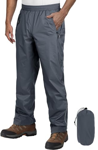 Outdoor Ventures Men's Waterproof Trousers Lightweight Packable Overtrousers Windproof Motorbike Rain Over Pants for Walking Cycling Hiking Fishing Dark Grey M/32 Inseam