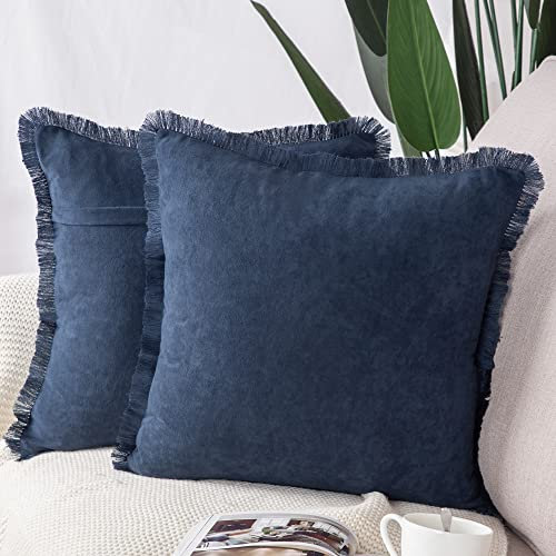 Madizz 2er Set Kissenbezügen aus Wildleder mit Fransenquasten Weiche dekorative Kissenbezüge für Sofa Schlafzimmer Kissenhülle Dunkelblau 50x50 cm Quadrat