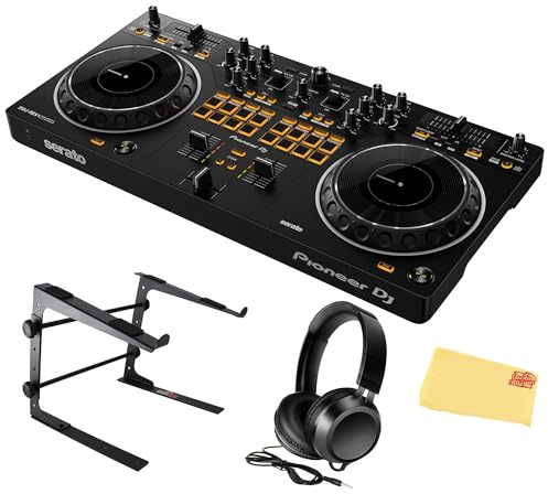 Pioneer DDJ-REV1 Scratch-Style 2-Channel DJ Controller for Serato DJ Lite - Black Bundle with Laptop Stand, Headphones and, Austin Bazaar Polishing Cloth