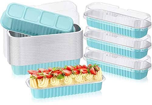 OUKEYI Paquete de 50 moldes desechables para hornear con tapas, 7.5 onzas, 6.5x2.5x1.2 pulgadas, mini moldes rectangulares para magdalenas, mini recipientes para hornear pan de brownie (Kaplan)