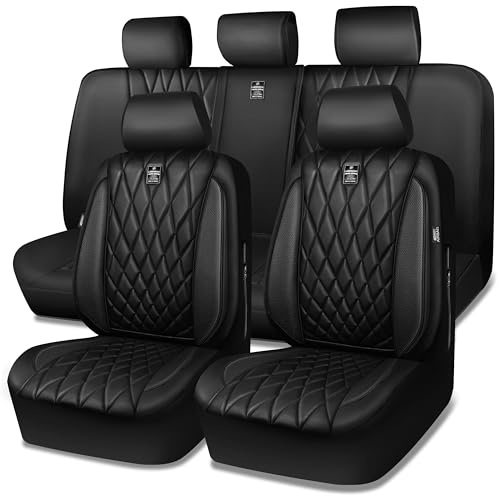 CAR PASS 5 Seats Piping Luxury Faux Leather Seat Covers Full Set, Anti-Slip Waterproof Seat Covers Compatible with Front Armrests, Universal Fit for Suvs,Vans,Trucks,Airbag Compatible, Pure Black