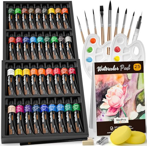 Nicpro 78PCS Watercolour Paint Set for Adults,Beginner & Artists, 36 Tubes Water Color Paint Set with 25 Watercolour Paper, 8 Squirrel Brushes, Palettes, Color Wheel, Art Painting Supplies