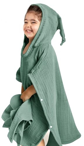 lulumoon Poncho de baño infantil con capucha para bebé, 100% muselina, algodón, toalla de bebé con capucha, poncho, toalla de baño para niños y bebés, 60 x 60 cm, (verde