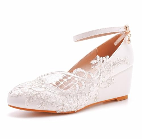 FamMe Zapatos de Boda de Encaje Zapatos de Novia con Punta Cerrada Zapatos de tacón de cuña Mary Jane para Mujer Correa en el Tobillo Zapatos de cuña para Vestido de Novia,Blanca,41