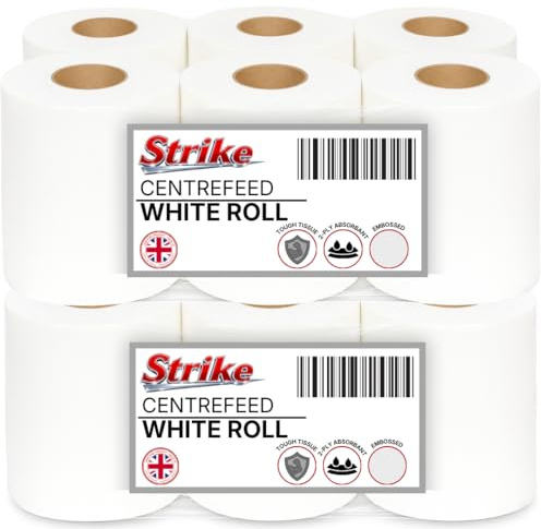 Strike White Centre Feed Embossed 2ply Wiper Paper Towel 50M p/Rolls 6 Per Pack Family Disposable Kitchen Rolls Cleaning Household (12 Roll)