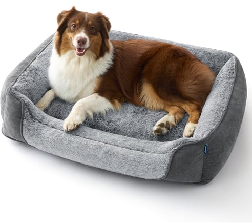 Bedsure Hundebett grosse Hunde – 89x63x17cm Hundesofa für grosse Hunde waschbar, Hundekorb mit abnehmbarer waschbarer Bezug, Hundecouch mit rutschfester Unterseite, kuschelweiches Hundebett groß, Grau