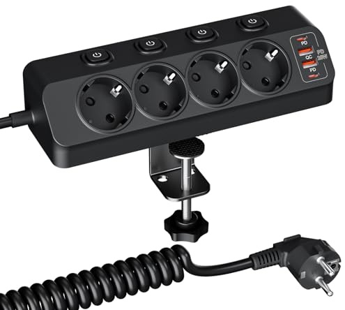 Säkert skrivbordsgrenuttag - 4 uttag med strömbrytare, multi-blixtkontakt med USB C PD 20W och 2M-kabel för hem och kontor (4 uttag)