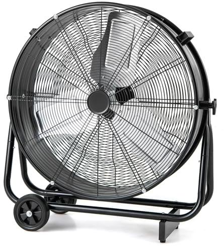 COSTWAY 24” Industrial Drum Fan, 3-Speed High Velocity Floor Fan with 360° Adjustable Tilt, 2 Wheels & Handle, Metal Air Circulator Cooling Fan for Home Commercial Warehouse Workshop (Black)