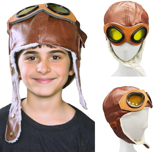 BOFYTR Kids Pilot Costume Hat with Aviator Goggles – Steampunk WW2 Style Pilot Hat – Vintage Faux Leather Fancy Dress Cap – Ideal for Roleplay, School Events, and World War 2 Costumes
