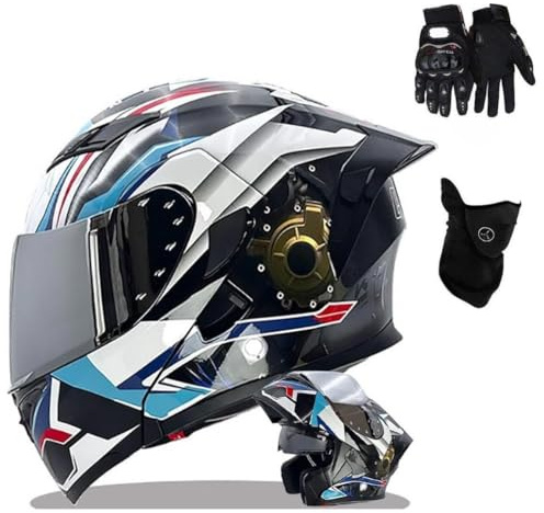Casco Abatible con Doble Visera, Modular para Moto Guantes y Cubrecara, Homologado ECE para Hombres Y Mujeres(C10,L(57~58CM))