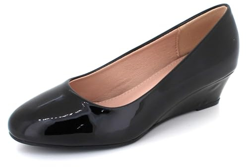 Women's Pumps Elegant Design Slip-On Wedge Soft Cushioned Insole Ladies Everyday Black Patent Shoes Size 6 UK 39 EU