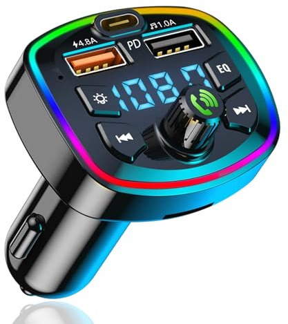 Transmetteur FM Bluetooth Voiture – Adaptateur avec PD 4.8A, Double USB, Lecteur MP3, Appels Mains Libres, Compatible avec Tous Les Appareils
