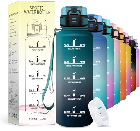 JAPORIA Borraccia Sport 1,5L, Bottiglia con Filtro Senza Perdite, Bottiglia Acqua Sportiva con Indicatore del Tempo, per Campeggio, Viaggio, Gym