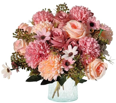 Jusdoja 4 Bundles Flowers Artificial Hydrangea with Silk Rose Daisy, Faux Mixed Rose Bouquet Decorative Fake Flowers for Home Wedding Party Table Centerpiece Floral Arrangement Pink