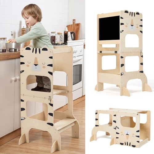 Toddler Kitchen Tower, Foldable Montessori Learning Standing Tower, 2-in-1 Toddler Kitchen Stool with Chalkboard Waldorf Kitchen Steps Helper Stool for Kids in Kitchen Bathroom and Kids Room