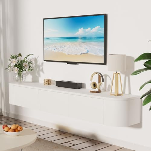 JMGJOY 140cm Floating Tv Stand Cabinet Wall Mounted Tv Unit with Doors And Drawers Media Wall Unit Large Storage Console Table for Living Room Bedroom and Office, White