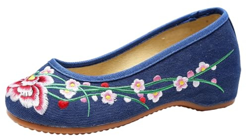 Maimeili kvinnors kinesiska broderade blommiga kilskor asiatisk traditionell Mary Jane Brida balett yoga kanvas skor gummisula, Klematisblå, 37.5 EU