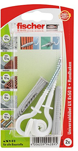fischer 094289 RH N K SB-Karte, Inhalt Universaldübel UX 8 x 50 R (mit Rand), 2 x Rundhaken 5,5 x 87, nylonbeschichtet, 100 x 50 x 50 cm