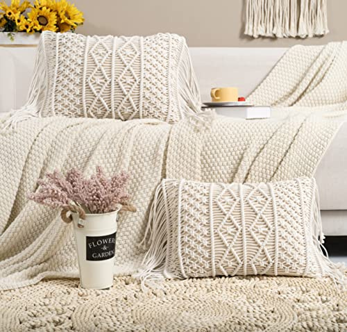 Homesunshine Macrame Lumbar Pillow Cover-Set of 2 with Tassels Rectangualr Cushion Covers Boho Throw Pillow Cover for Couch, Sofa, Bed, Farmhouse, Chair, Dining, Patio, Outdoor, car (B)