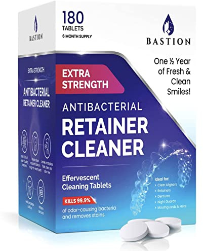 Limpiador de retenedores y limpiador de dentaduras postizas – 180 tabletas efervescentes – Suministro de 6 meses – Elimina manchas, decoloración, olores y placa – Alineadores transparentes, protector
