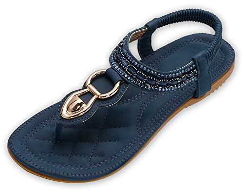 ZOEREA Sandalias Mujer Verano Planas Estilo Bohemia Zapatos de Dedo Casuales Playa Moda Sandalia Chanclas Romanas de Damas Estilo A Azul Oscuro,38 EU