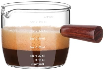 BCnmviku Espresso Shot Glass 150ML/5OZ Triple Pitcher Barista Single Spouts With Wood Handle (1)