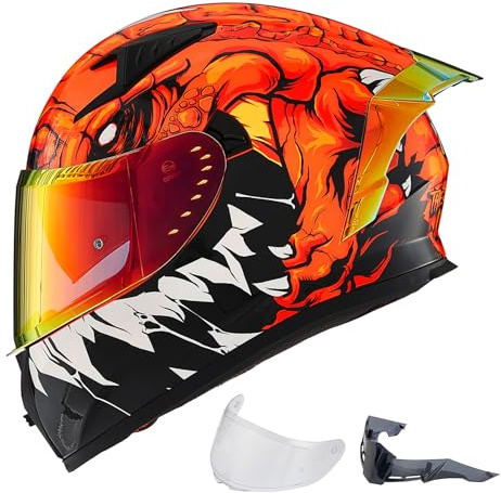 ILM Heltäckande motorcykelhjälm för män och kvinnor - Motorcykelhjälm med 2 visir kompatibel med transparent och färgglad Pinlock Motocross Street Bike ECE-hjälm modell Z501, Lizzard Red, L