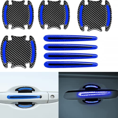 8Pieces Universal 3D Carbon Fiber Auto Door Handle Scratch Protection Cover Guard Film, Universal Car Door Cup Handle Paint Scratch Protector Sticker Car Safety Reflective Strips (Blue)