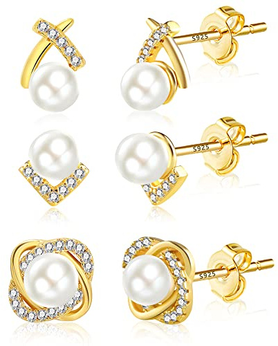 925 Sterling Silver Pearl Studs Hoops with Drop Pearl Earrings for Women