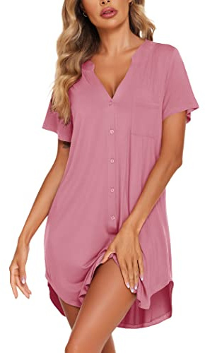 Ekouaer Women's Nightdresses Sexy Nightwear for Women V Neck Button Short Sleeve above Knee Nightshirt, S-XXL