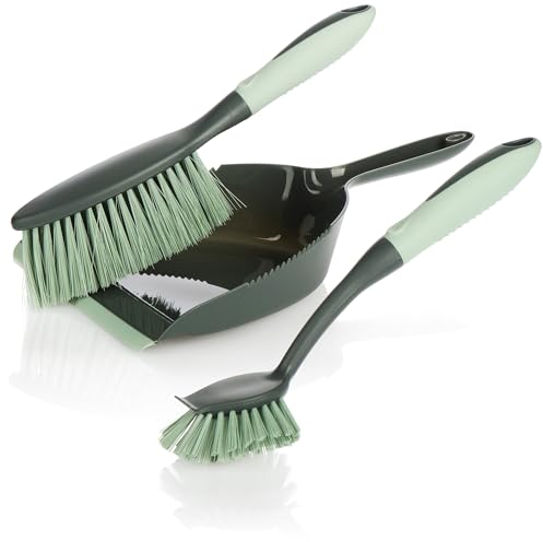com-four® 3-teiliges Reinigungs-Set - Handfeger, Kehrschaufel, Handbürste - Kehrgarnitur für den Haushalt - Handfeger und Kehrblech (grau-hellgrün 3-TLG.)