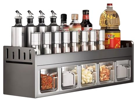 DROMEZ Gewürzregal Wand, 5 Leere Gewürzgläser mit Löffel, Gewürz Organizer Hängend Metall Küchenregal Wand Ohne Bohren Gewürzhalter für Gewürzen, Öle, Flaschen, Grau