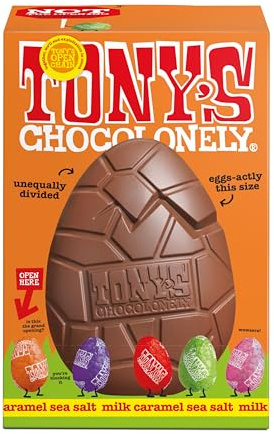 Tony's Chocolonely Large Easter Egg - Milk Chocolate Caramel Sea Salt with 5 Smaller Solid Chocolate Eggs - Fairtrade Easter Gifts (242g)