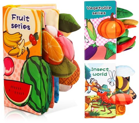 ilauke 3 Stück Baby Stoffbuch Babybuch, Quiet Book Geschenk für Jungen Mädchen, 3D Bilderbuch Fühlbuch Knisterbuch Lernspielzeuge - Buch Spielzeug für Neugeborene