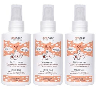 Deacare Baby Set med 3 flaskor av naturlig flytande talk för barn och spädbarn. Uppfriskande, torkar och reglerar svettning 3 x 100 ml