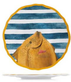 H&H, Set 6 Piatti Frutta Marea in Melamina Decorata – Ø23 cm – Righe Bianche e Ottanio, Bordo Giallo, Decoro Pesce – Lavabili in Lavastoviglie