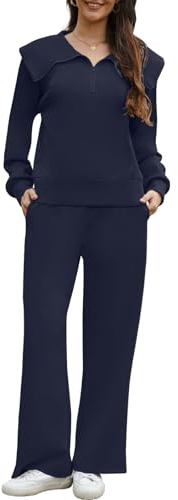 Yutdeng Women's Tracksuit Full Set Soft Two Piece Lounge Outfit Long Sleeve Oversized Half Zip Sweatshirt Pullover Drawstring Wide Leg Trousers Sweatpants Warm Co Ord Sets Casual Loungewear Activewear