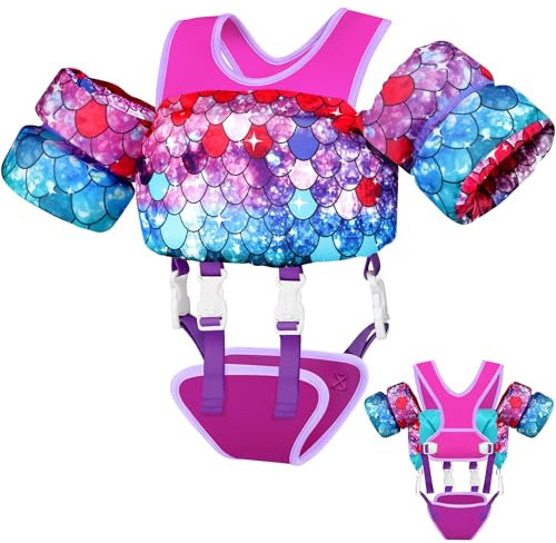 Vvinca Toddler Swim Vest for Kids 22-66 lbs, Comfort Toddlers Pool Floaties Jacket for Boys Girls, Puddle Kid Jumper Adjustable Crotch Sleeves Shoulder Fit for Age 2-6 Learn to Swimming, Mermaid Scale