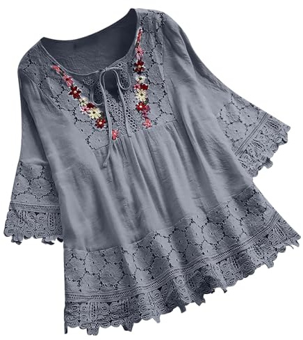 DUHGBNE Cheesecloth Shirts Women Linen Tops for Women UK Embroidery Linen Shirts Retro Jacquard 3/4 Sleeve Tunic Blouses V Neck Boho Summer Button Vintage for UK