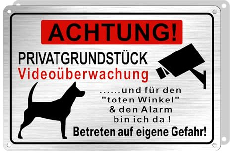 Hivia Señal de advertencia de perro + señal de advertencia de videovigilancia | 30 x 20 cm aluminio | cartel de precaución para perro con videovigilancia y alarma | resistente a la intemperie para