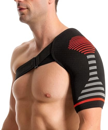 GWEOR Axelbandage för stabilisering, justerbart axelstöd för kvinnor och män, axelrem för axelsmärtor och rotatormanschett, andas, röd, L/XL