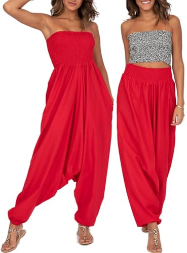likemary Combinaison Convertible en Pantalon Fluide en Coton pour Femmes - Ensemble 2 en 1 - Taille unique Sarouel Combo Harem avec Poches Idéal pour les Vacances - Rouge