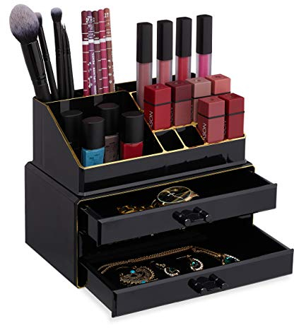 Relaxdays Make Up Organizer klein, 2-teilige Schminkaufbewahrung mit Schubladen, stapelbares Kosmetikregal, schwarz/Gold, 1 Stück