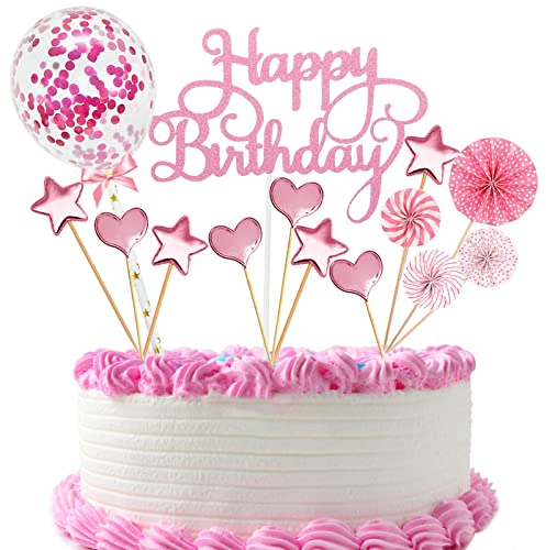 16 PCS Cake Topper Happy Birthday, Glitter Cake Topper, Kuchendekoration Geburtstag, Tortenaufsatz, Tortendeko, Tortenstecker Geburtstag, Kuchendeckel, Cupcake Topper Babyparty Topper(Rosa)