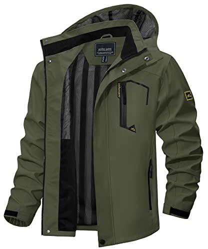 TACVASEN Veste Imperméable a Capuche Homme Veste de Pluie Légère Randonnée en Plein Air Vêtements de Sport Décontractés Vert Armée,S